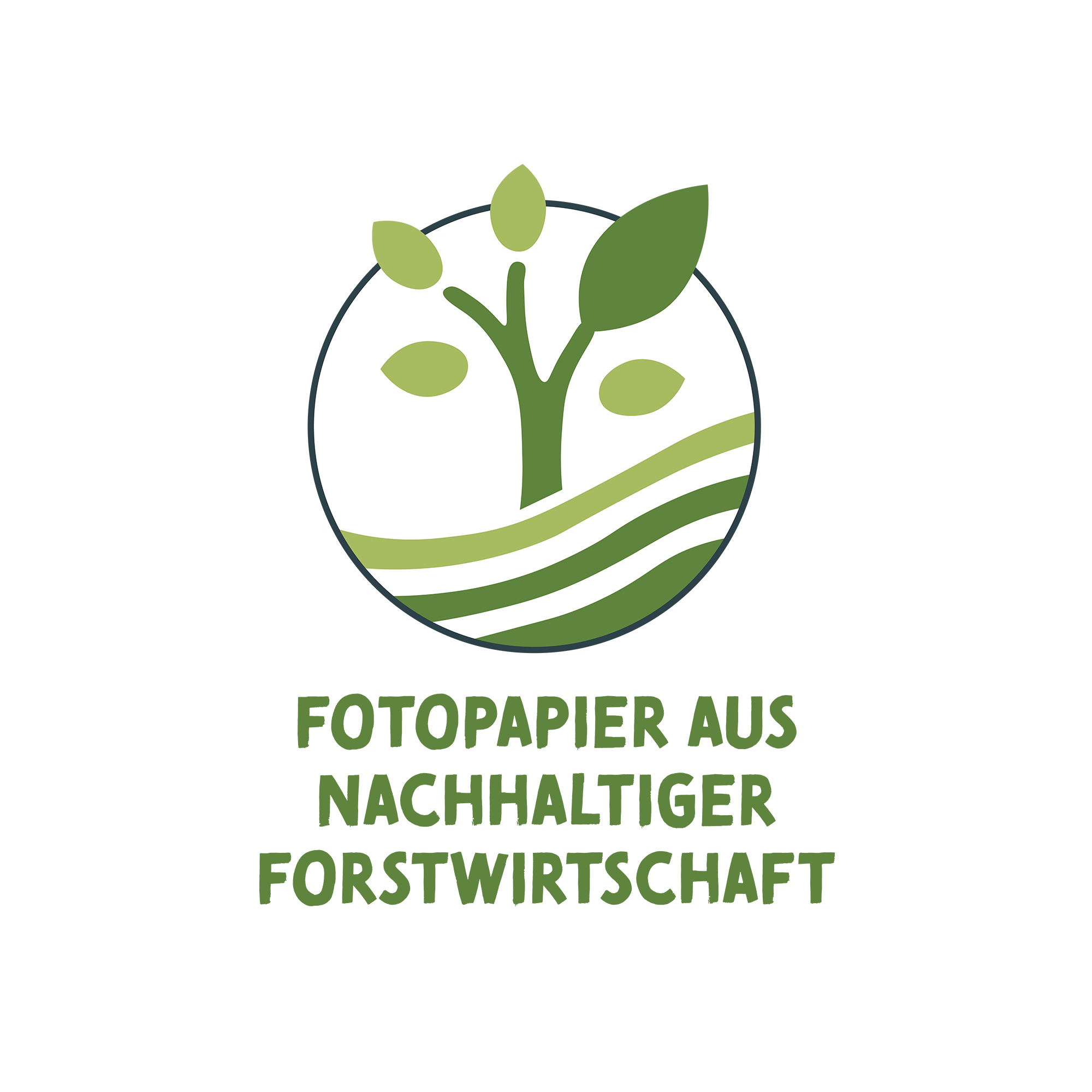 Das Bild zeigt unser firmeneigenes Siegel „Fotopapier aus nachhaltiger Forstwirtschaft“ als Umweltversprechen.